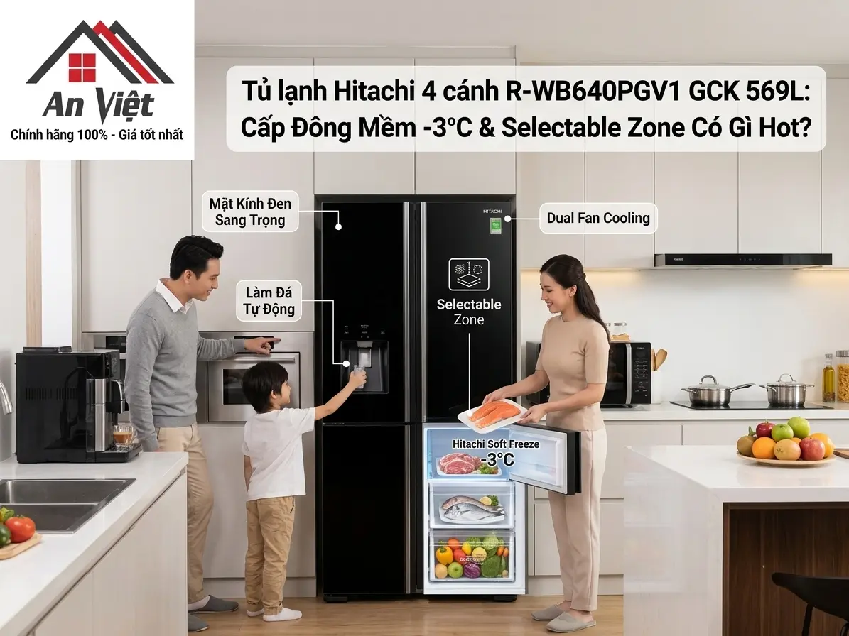 Đánh giá Tủ lạnh Hitachi 4 cánh R-WB640PGV1 GCK 569L: Công nghệ Selectable Zone & Đông mềm -3°C có gì hot?